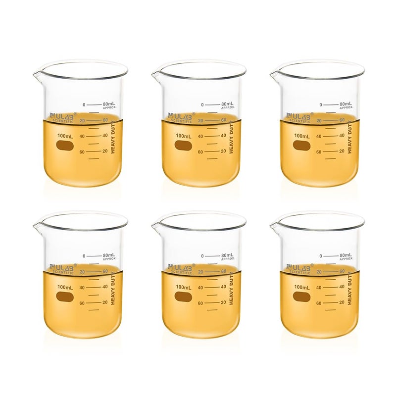 ULAB Scientific Glass Beaker Set, Vol.100ml, Shot Glass, 3.3 Borosilicate Griffin Low Form with Printed Graduation, Pack of 6, UBG1014 - Image 5